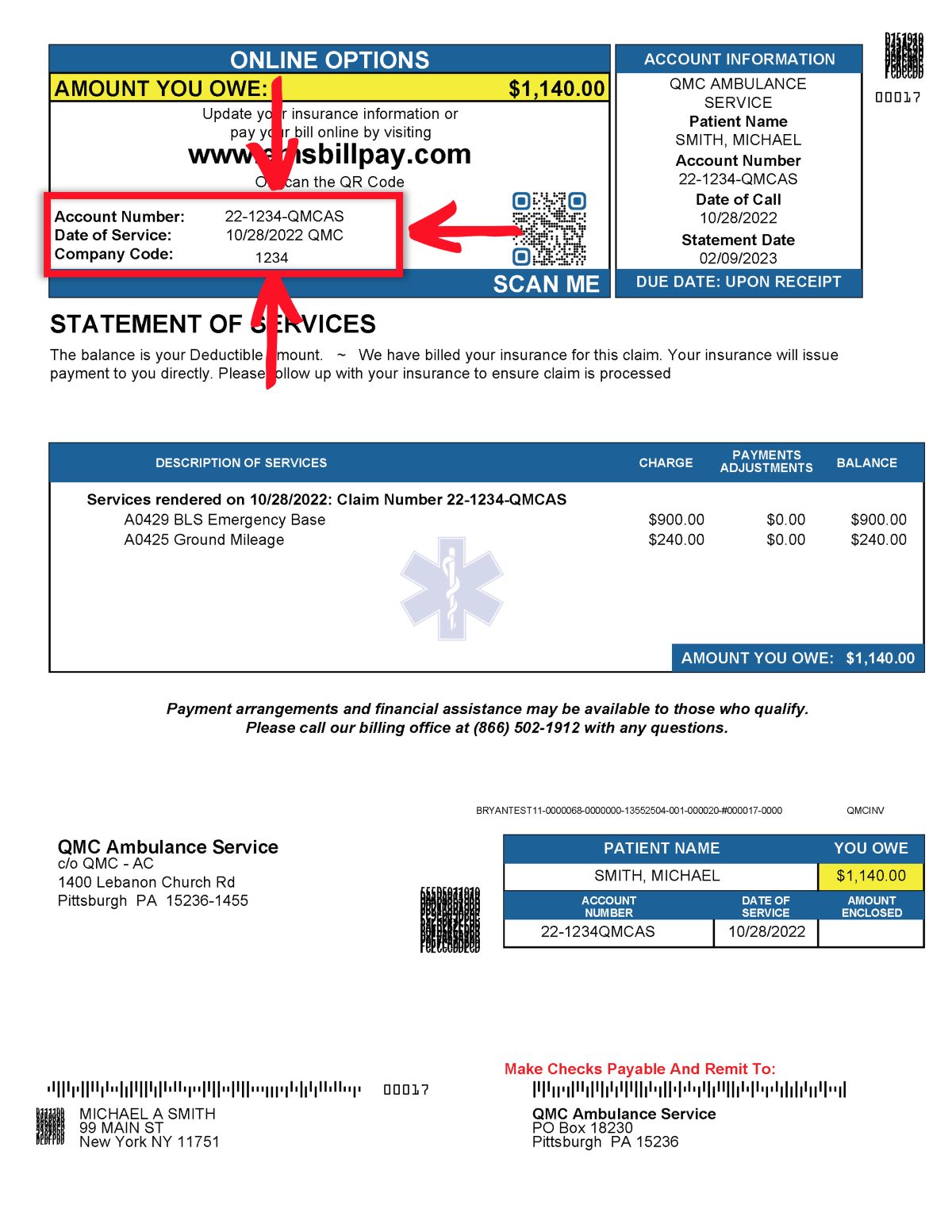 A sample patient statement - showing an invoice for services that were billed and how to find details like your account number, date of service, company code, amounts due, etc.